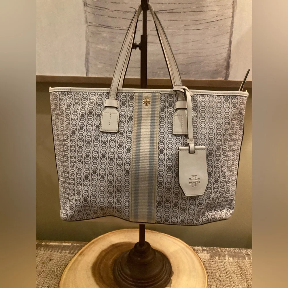 Tory Burch Gemini Link Coated Canvas White Leather Tote Bag Crossbody Strap - Picture 8 of 10